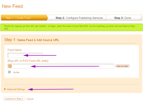 Как транслировать RSS-ленту сайта в аккаунт Twitter, Facebook через Twitterfeed.com