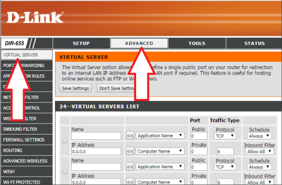 открываем раздел Advanced – Virtual Server