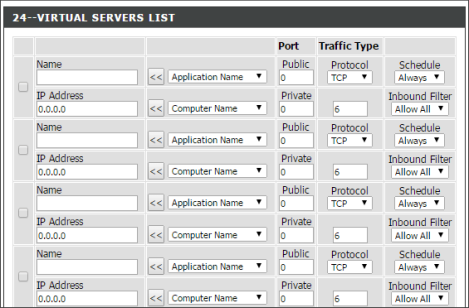 таблица для открытия портов