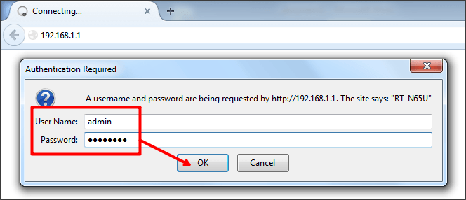 вводим логин и пароль для доступа к роутеру
