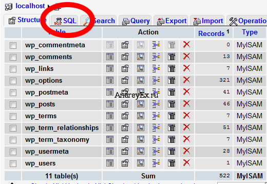 Открыть вкладку sql запроса