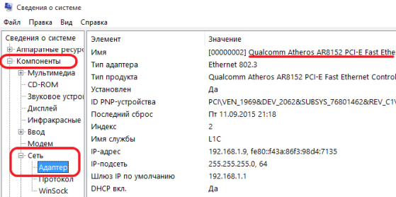 сетевая карта в окне Сведения о системе сетевая карта в окне Сведения о системе