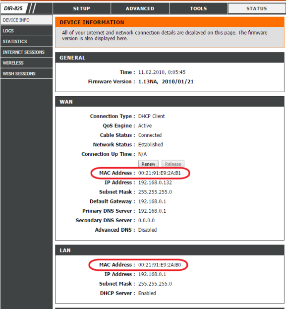 МАК адрес роутера D-Link