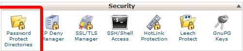 Логин к вашей cpanel. Прокрутите вниз, пока не увидите вкладку безопасность. Нажмите на кнопку “защитить паролем каталоги” значок.
