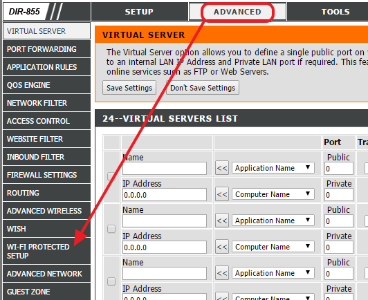 откройте подраздел WI-FI PROTECTED SETUP
