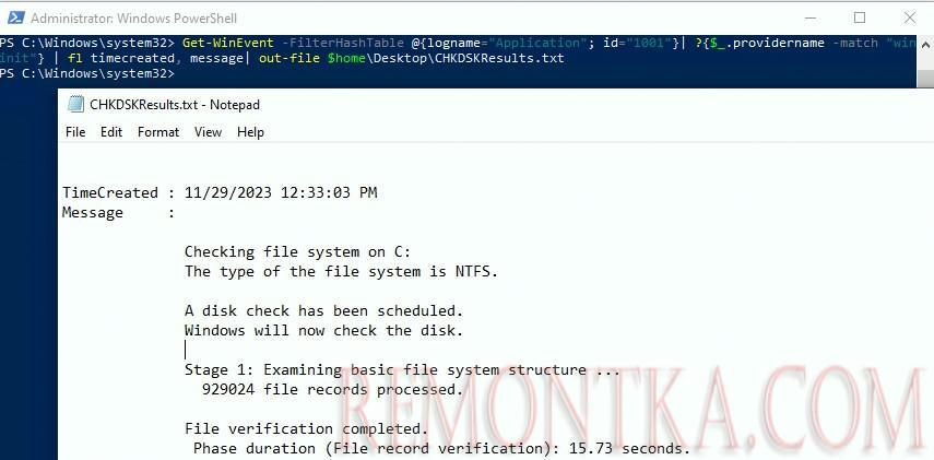 Выгрузить логи chkdsk в текстовый файл