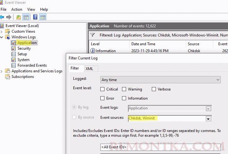Логи chkdsk хранятся в Event Viewer
