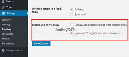 Опция видимость поиска в настройках WordPress