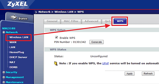 WPS в настройках ZyXel