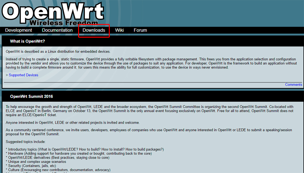 Перейдите в раздел Downloads и скачайте последнюю версию Скриншот сайта Openwrt.org