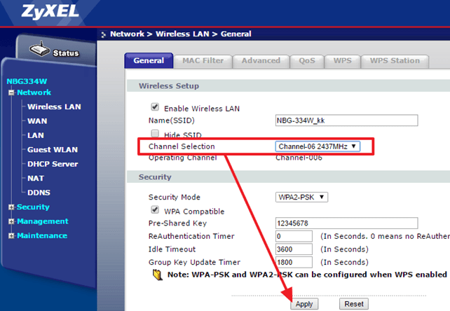 смена канала на роутере ZyXEL NBG334W