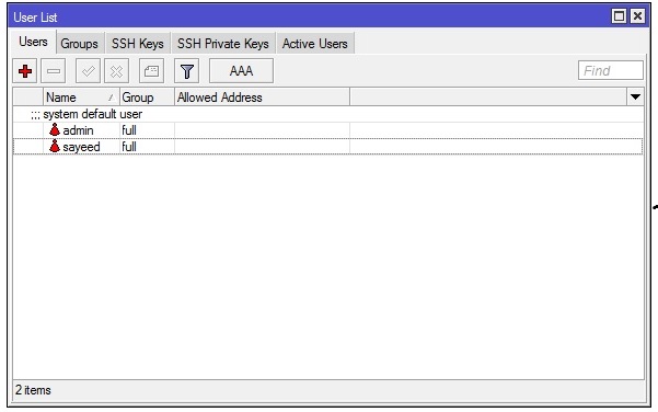 MikroTik User List Window