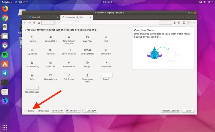 Firefox Nightly кастомизация панели заголовка