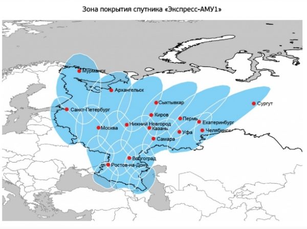 Область зоны покрытия спутника «Экспресс-АМУ1»