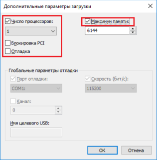 Блок «Число ядер» и «Максимум памяти» в окне «Дополнительные параметры загрузки»
