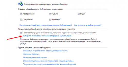 Пункт «Параметры потоковой передачи мультимедиа»
