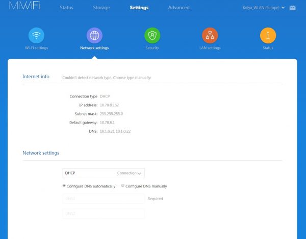 Выбор типа соединения и IP-настройки Xiaomi Router 3