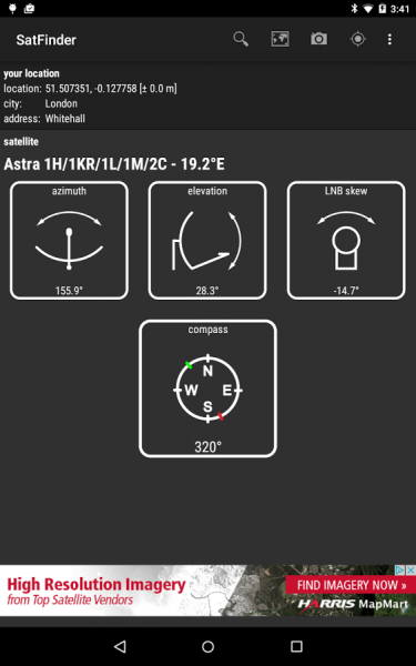 Страница спутника в приложении SatFinder