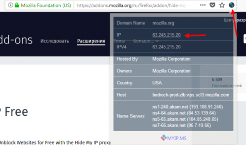 Окно с информацией об IP адресе сайта