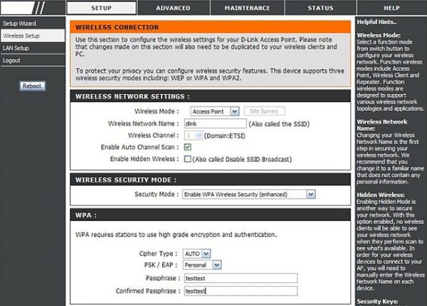 Настройки клиента DIR-655 с раздачей по Wi-Fi