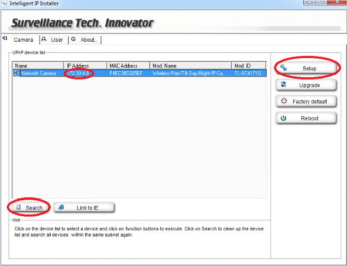 Поиск камеры через Intelligent IP Installer