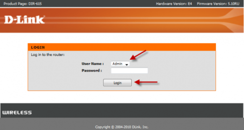 Вход в настройки DIR-655 под одним из логинов — именем Admin