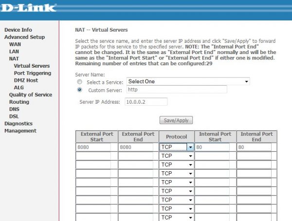 Ввод данных для проброса портов