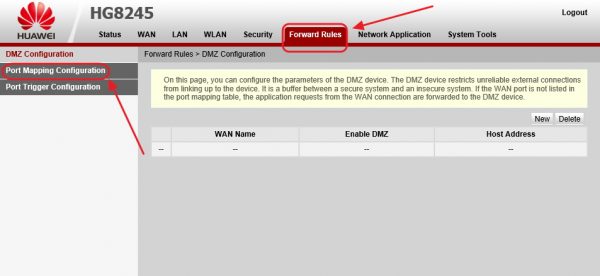 Окно раздела Forward Rules