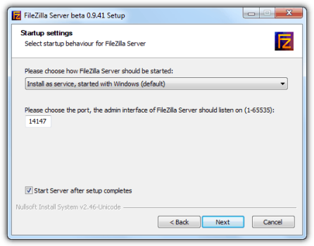 Установка службы FileZilla Server