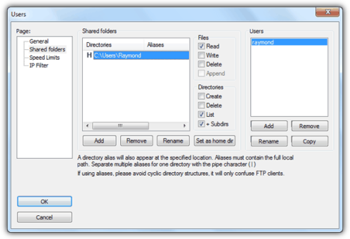 Назначение папок пользователю Filezilla