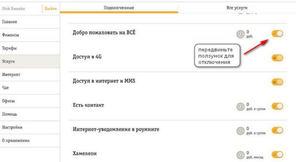 Отключение услуги в приложении