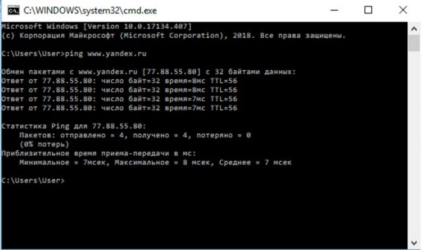 Результаты выполнения команды ping