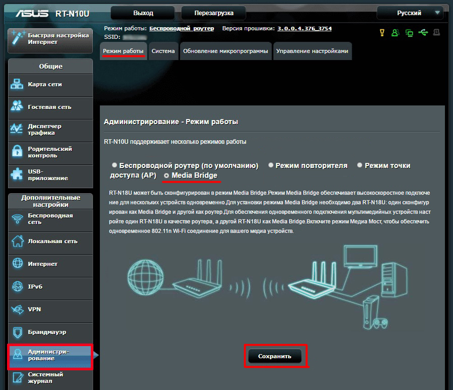 Окно настроек роутера ASUS для режима Wi-Fi-моста