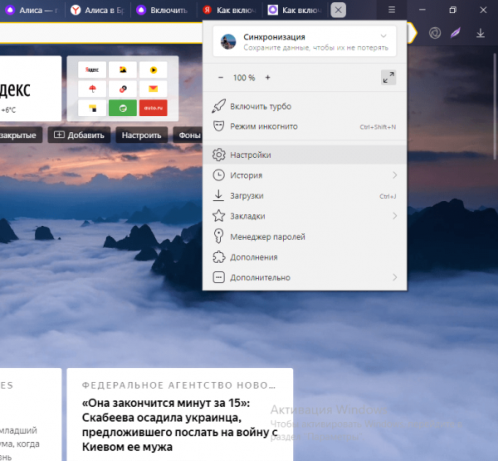 Меню браузера