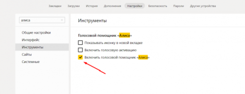 Отключение Алисы через браузер
