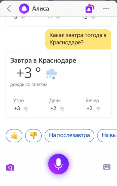 Алиса рассказывает прогноз в Краснодаре