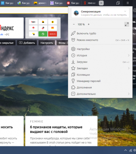 Меню браузера