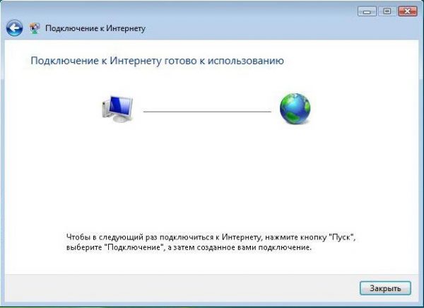 Информационное окно об успешном завершении создания нового сетевого подключения