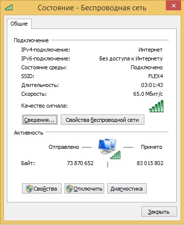 Параметры активного подключения на ПК