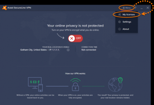 Пункт «Мои лицензии» в меню Avast