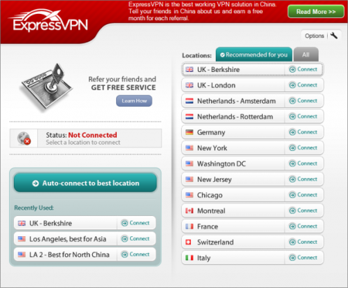Интерфейс ExpressVPN