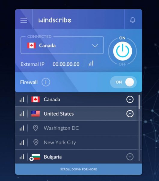 Интерфейс Windscribe VPN