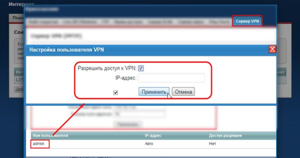 Окно «Настройка пользователя VPN» с разрешением на доступ для администратора