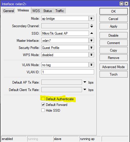 Disabling Default Authentication in WiFi AP