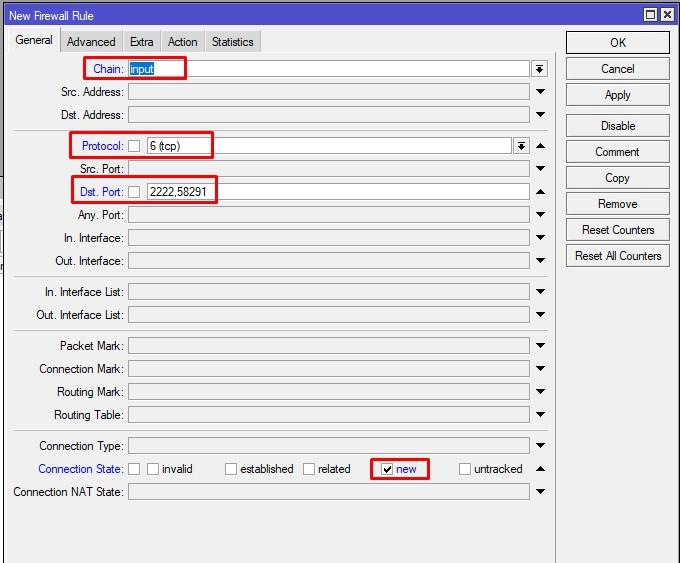 Настройка Firewall для Winbox и SSH