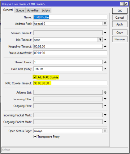 Enabling MAC Cookie in Hotspot User Profile