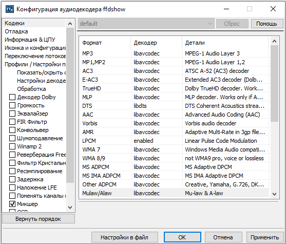 Конфигурация аудиодекодера Ffdshow