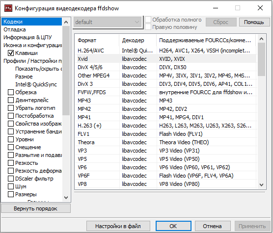 Конфигурация видеодекодера Ffdshow