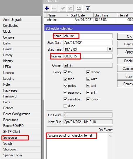 Настройка запуска заданий Mikrotik