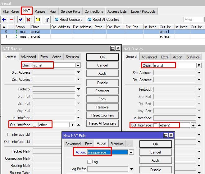 Список NAT правил для разных провайдеров